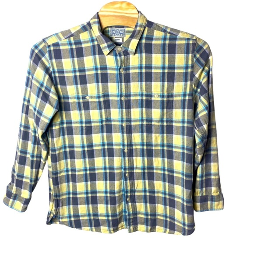 Lucky Brand Shirt Mens XL Yellow/Gray Plaid‎ Flannel Pocket Long Sleeve